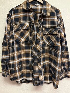 Cato Black, Brown & White Plaid Button-Down Shirt